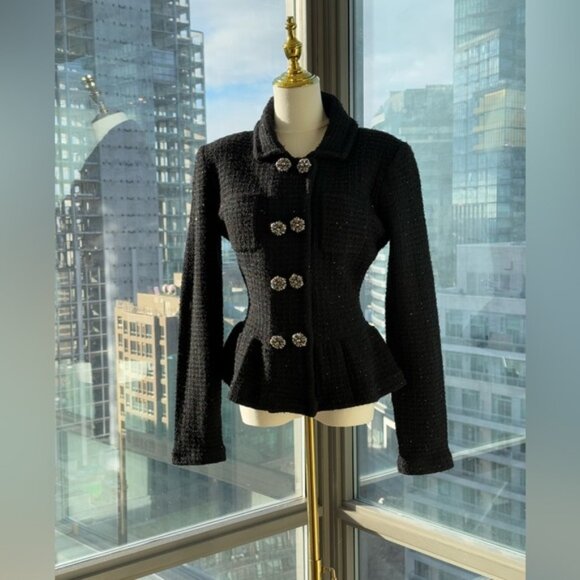 🆕 SELF PORTRAIT 🧿 NWOT Black Textured Peplum Knit Jacket - Sz Large - Picture 4 of 16